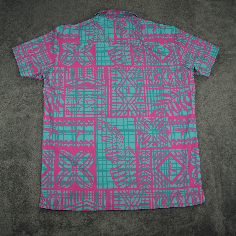 Retro Rifle Button Down Shirt Mens XL Teal Pink AK-47 Geometric Hawaiian Stretch - Picture 5 of 11